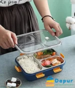 DapurBD-Kitchenware-3 Compartment Stainless Steel Bento Lunch Box with Spoon & Chopsticks for Kids & Adult-10